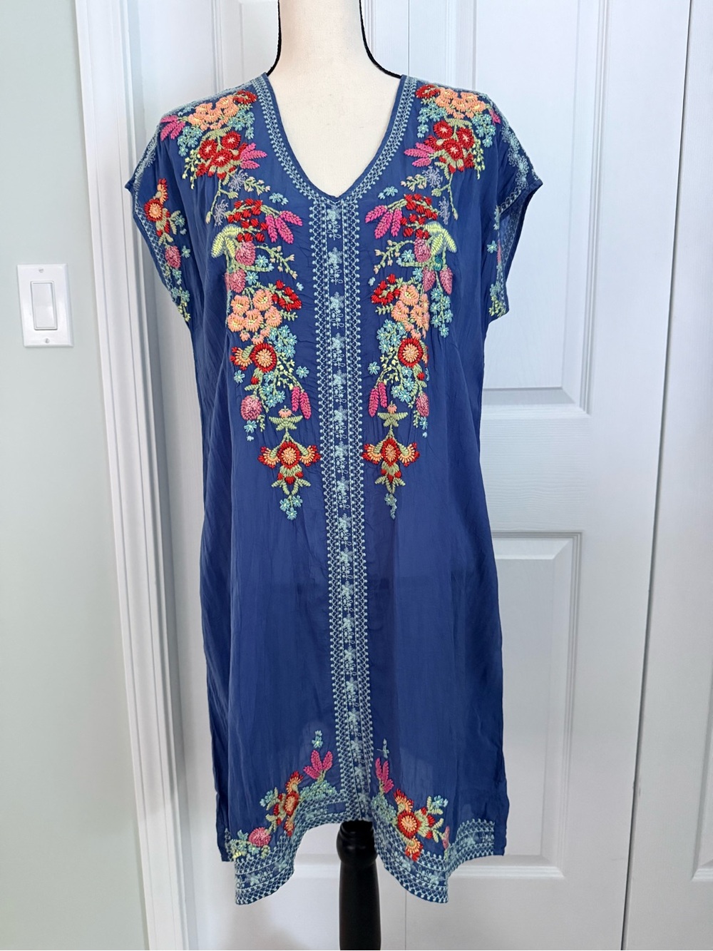 Johnny Was Indigo V-Neck Midi Dress with Multicolor Floral Embroidery medium